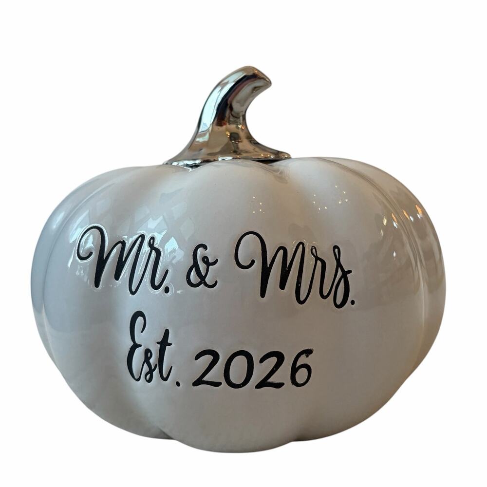 Martha Stewart MR. & MRS. EST 2026 Ceramic Pumpkin 9in Gray Silver Stem NEW